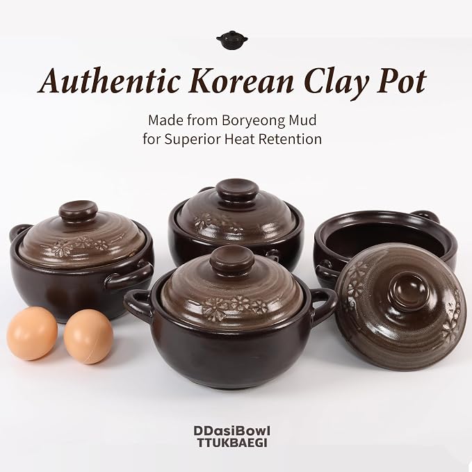 – 4-Pack Korean Clay Pots (17oz / 500ml) with Lids & Handles – Ttukbaegi Stone Bowls for Cooking Bibimbap, Donabe Style Korean Clay Cookware – Oven & Stovetop Safe