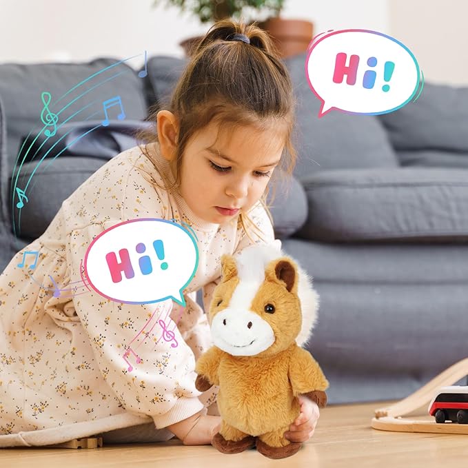 Easfan Talking Pony Repeats What You Say Walking Singing Stuffed Animal Electric Interactive Plush Toy Funny Animated Toy Mimicking Speaking Birthday for Kids Toddlers,9''