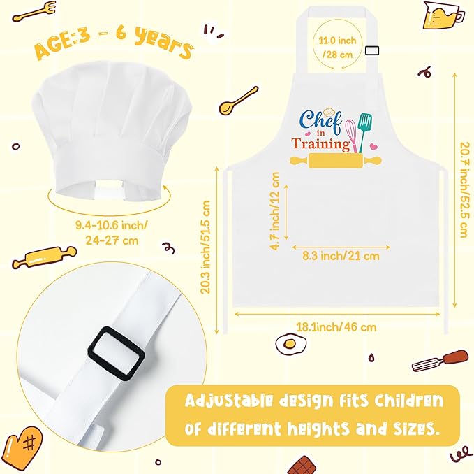 R HORSE Kid Apron and Chef Hat Set 2Pcs Adjustable Children White Kitchen Apron Dress up Role Play Chef Toy Kid Funny Cooking Gift Birthday Gift for Kids Cooking Baking Painting and Training