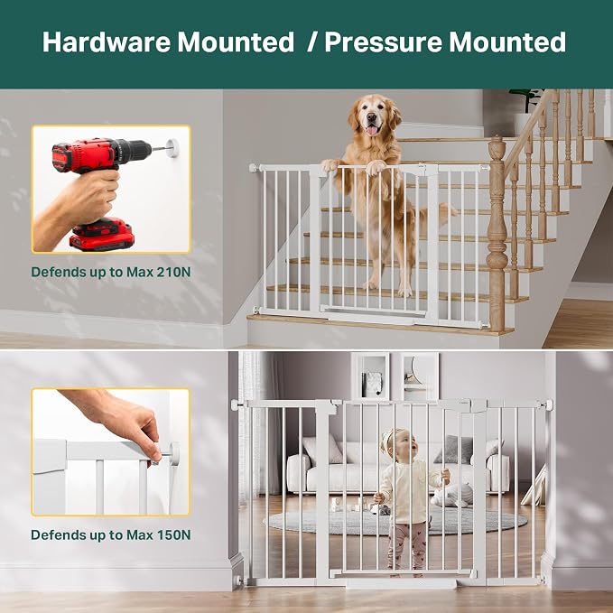 Cumbor Pack of 2 Extra Wide Baby Gate for Stairs, 29.7–51.5" Pressure Mounted Dog Gate for Doorways, Auto Close Safety Pet Gate, Easy Walk Thru Wide Child Gate, White, Mom's Choice Award Winner