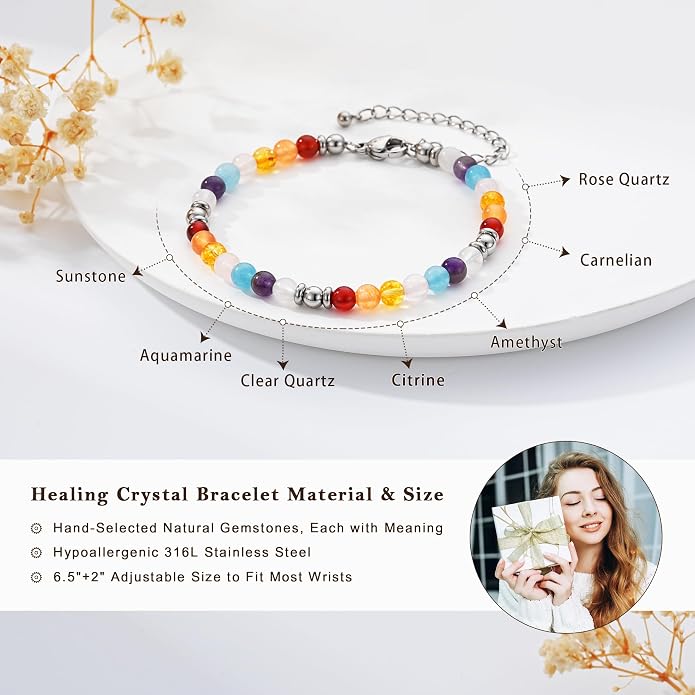 Zocomi Natural Healing Crystal Bracelet for Women, Anxiety Relief Triple Protection 7 Chakras Jewelry Gift for Friends Daughter Mom 6.5+2 Inches