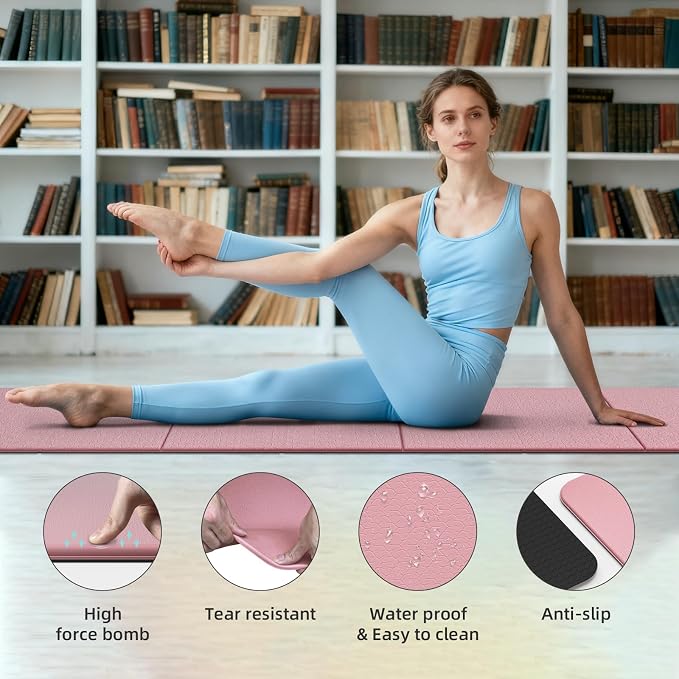 Foldable TPE Yoga Mat Thick 10mm,75" x40"Extra Large Exercise Mats | Stretch Mat Non-slip Fitness Folding Mat Easy to Carry,Wide Gym Mats for Women Men Suitable for Home Workout Travel Pilates