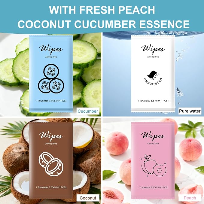 Individual Hand Wipes Wet Wipes Travel Size,Wet Wipes Individually Wrapped | 400PCS Bulk Cleansing Travel Size Wipes for Wedding Travel Restaurant Barbecue(Cucumber,Coconut,Peach,Unscented)