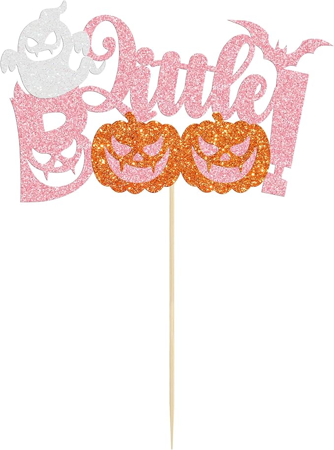 Gyufise 1Pc Little Boo Halloween Cake Topper Pink Glitter Pumpkin Ghost Halloween Baby Shower Cake Decorations for Halloween Theme Baby Shower Kids Birthday Party Supplies