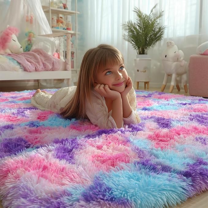 PAGISOFE Ultra Soft Rainbow Purple Area Rugs for Girls Bedoom 6x9 Ft, Fluffy Cute Colorful Pastel Girls Rug, Plush Kawaii Rugs for Kids Room, Playroom Hot Pink Purple Bedroom Decor Princess Carpet