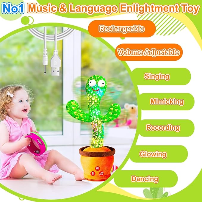 Rechargeable Baby Toys Dancing Talking Cactus Toy for Baby, Volume Adjustable, Singing, Mimicking, Repeating, Baby Infant Toys for Girls Boys, Valentine's Day Gifts for Kids Baby Todder