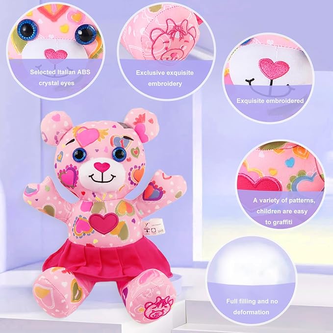 Stuffed Animal Coloring Plush Toy with 20 Washable Markers Laser Holographic Backpack Road Trip Car Game Writing Painting Set for Girls Doodle Dolls Kids Ages 3-6 Birthday(Pink Bear)