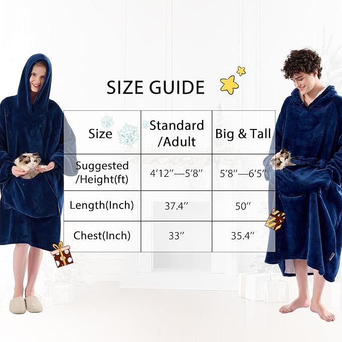 Krifey Big & Tall Wearable Blanket Hoodie with Cat Pocket, Extra Long Oversized Fleece Blanket for Adults, Cozy Birthday Gifts, Christmas Gifts