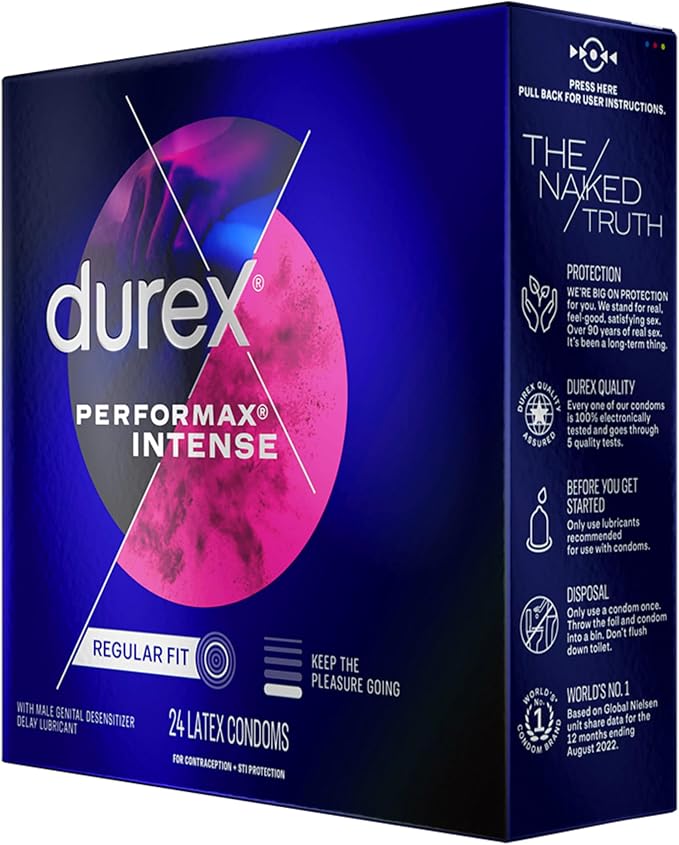 Durex Performax Intense Natural Rubber Latex Condoms, Regular Fit, 24 Count, Contains Desensitizing Lube for Men, (Packaging May Vary) (Pack of 2)