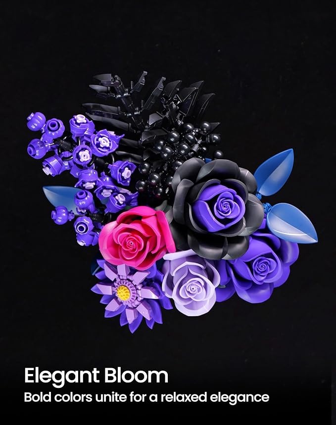 iATOM Purple Rose Bouquet Building Set, Compatible with Lego Flowers for Adults - Halloween Botanical Collection - Gothic Artificial Flowers Home Decor - IA11004