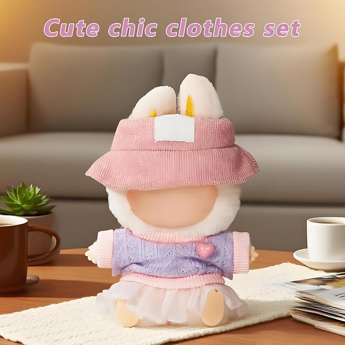 17cm Doll Clothes Outfits - Cozy Knit Top & Beanie Hat for Plush/Blind Box Collectibles (Pink Skirt)