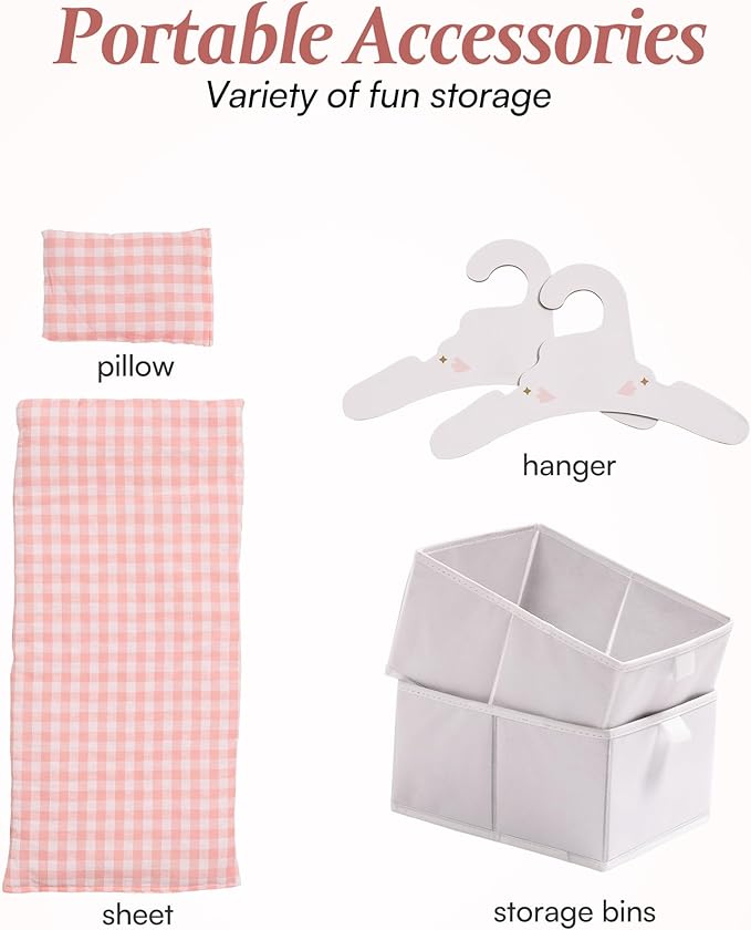 ROBOTIME Baby Doll Crib, Wooden Doll Bed, Toy Baby Crib with Storage, Bedding, and Wooden Hooks, Doll Crib Fits Dolls up to 21", Doll Furniture for American Girls Ages 3+ (Pink)