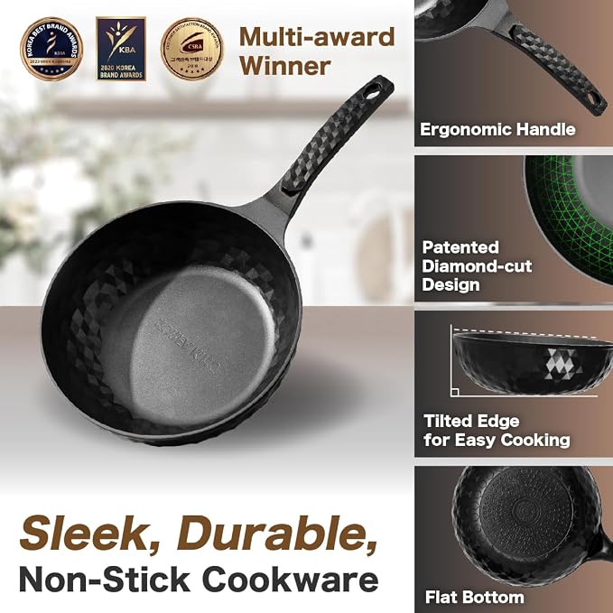 Diamond X Premium Non Stick Wok Pan with Lid - 11" Large Flat Bottom Chinese Wok - Woks & Stir-fry Pans Nonstick - Titanium-Coated 8-Layered Korean Engineered Skillet for Frying, Oil-Free, PFOA-Free