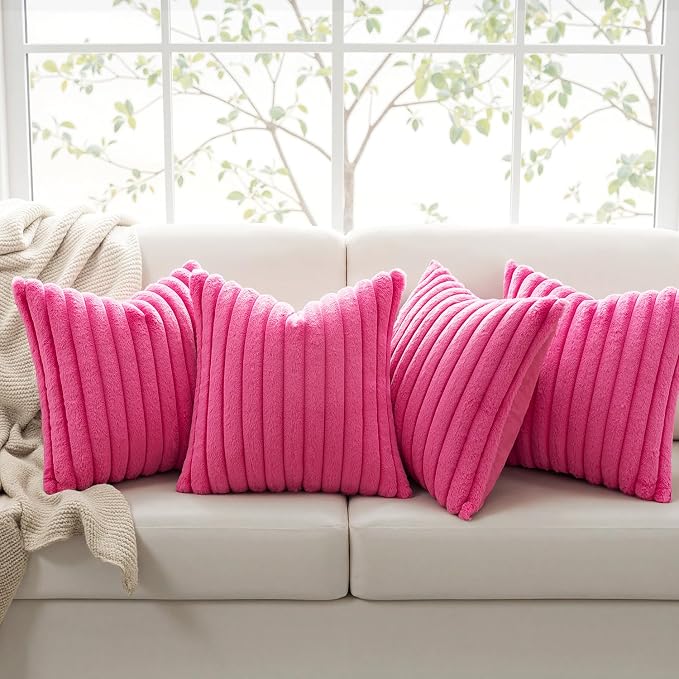MIULEE Faux Fur Plush Decorative Throw Pillow Covers 18x18, Hot Pink | Set of 4, Striped, Soft Romantic Modern Home Decor, Cushion Cases for Sofa Couch Bed Living Room