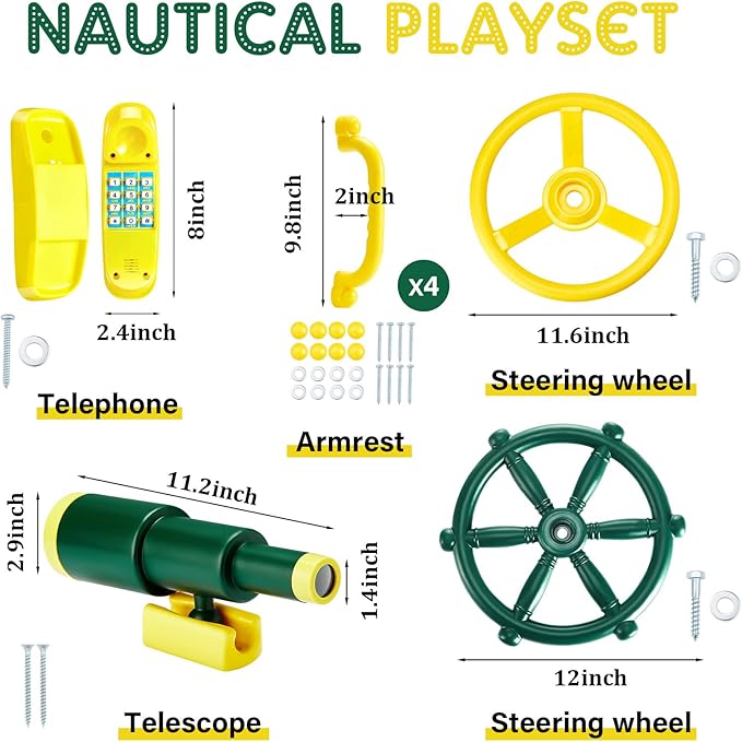 Playground Accessories Backyard Pirate Plastic Ship Playset Plastic Playground Equipment Set with Ship Wheel, Telescope, Safety Handlestoy Phone for Outdoor Playhouse Treehouse Playset(Yellow, Green)