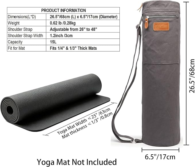 Canvas Yoga Mat Bag with Adjustable Strap & Pockets, Full-Zip Travel Gym Tote for Women & Men, Fits 1/4" & 1/3" Thick Mats, Lightweight Carrier for Yoga, Studio, Workout, Outdoor Use