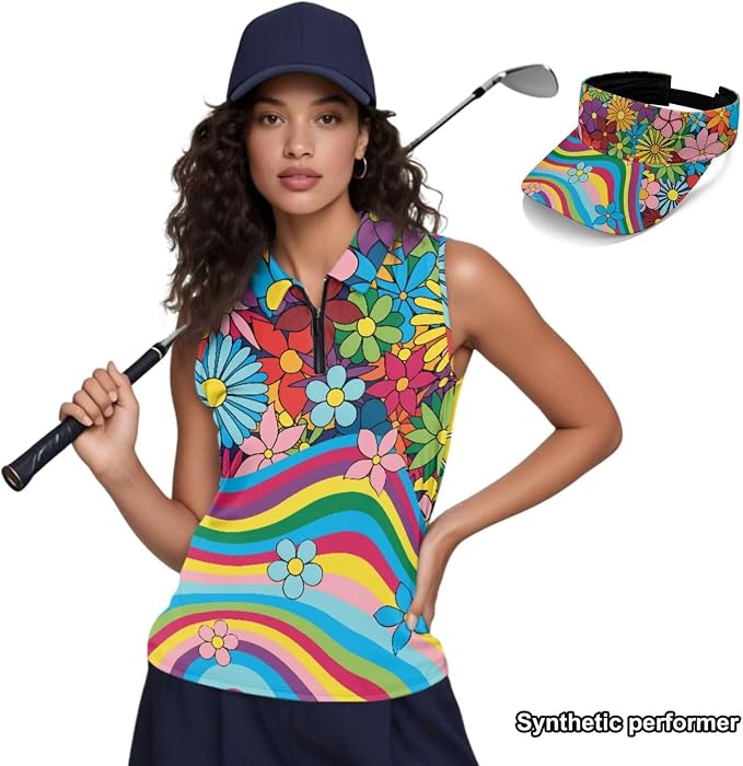 POLERO Golf Tank Top Women Golf Shirts and Visor Hat Collared Racerback Tennis Shirt Set Quarter Zip