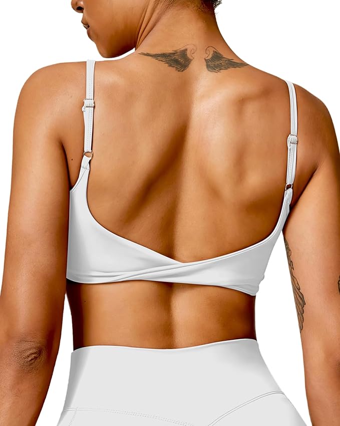 QUOJIZY Sports Bras for Women Open Back Workout Tops for Women Yoga Bra Spaghetti Straps Twist Back