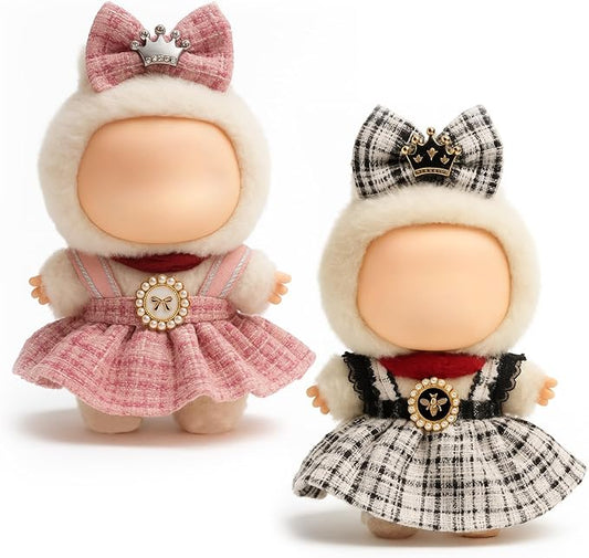 (2-Pack) 17cm Clothes Set, Black Plaid Outfit & Pink Plaid Dress Set, Stylish Doll Clothes with Bow Clip & Unique Metallic Details, Adorable Doll Accessories for 17cm Dolls