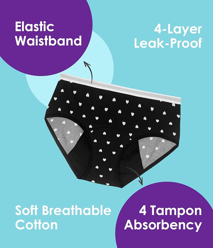 YESWEL Teen Girls Period Underwear, Menstrual Leak-Proof Heavy Flow Absorbency Washable Protective Cotton Panties 4 Pack
