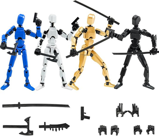 4PCS Robot Fidget Toys for Kids,Titan 13 Action Figures Set, Lucky Dummy T Nova N 13 Action Stick Figure Sensory Toys for Boys (Golden+Black+White+Blue)