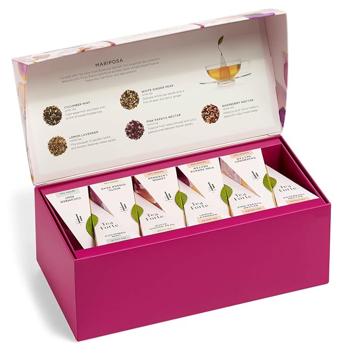Tea Forte Premium Presentation Box Gift Set Sampler, 20 Count, Assorted Blends Individually Wrapped Handcrafted Pyramid Infuser Bags, Mariposa Tea