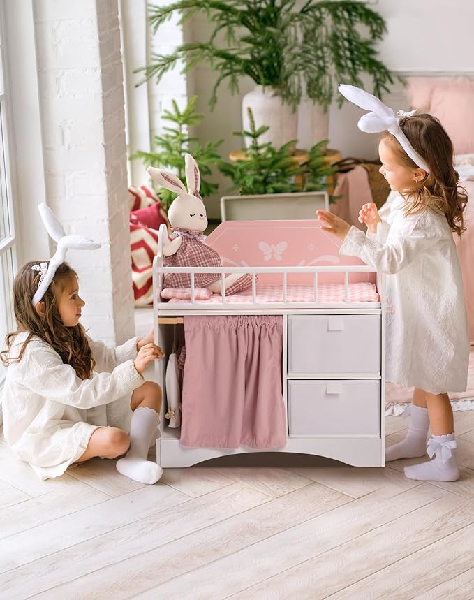 ROBOTIME Baby Doll Crib, Wooden Doll Bed, Toy Baby Crib with Storage, Bedding, and Wooden Hooks, Doll Crib Fits Dolls up to 21", Doll Furniture for American Girls Ages 3+ (Pink)