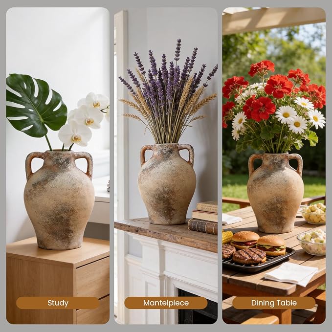 Ceramic Flower Vase, 8.7" Rustic Farmhouse Table Vase, Decorative Pottery Vase with Glazed Interior for Fresh Flowers, Eucalyptus, Entryway, Kitchen, Shelf and Bedroom Decor