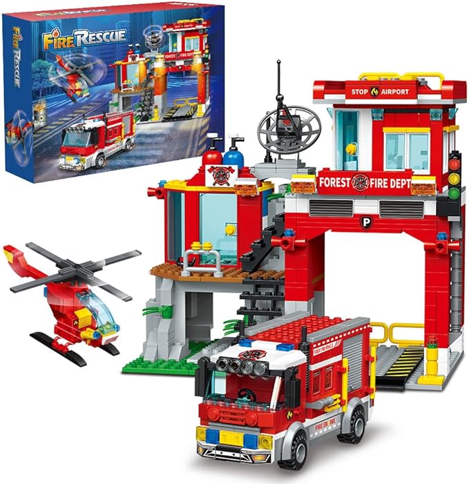MindBox City Fire Rescue Building Set with Fire Station, Truck & Helicopter,772pcs Toy for Boys 8+
