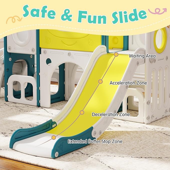 kinbor 9 in 1 Multifunctional Toddler Slide - Kids Slide with Basketball Hoop, Drawing Board & Storage, Playset for Kids Indoor Outdoor Playground Set for Toddlers Ages 1-3