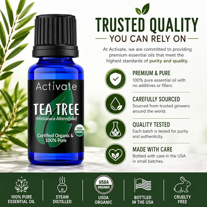 Activate Organic Tea Tree Essential Oil 10ml | 100% Pure Steam Distilled Melaleuca Alternifolia | Aromatherapy Oil for Diffusers, Massage, Humidifiers, Soap Making, Candles & DIY