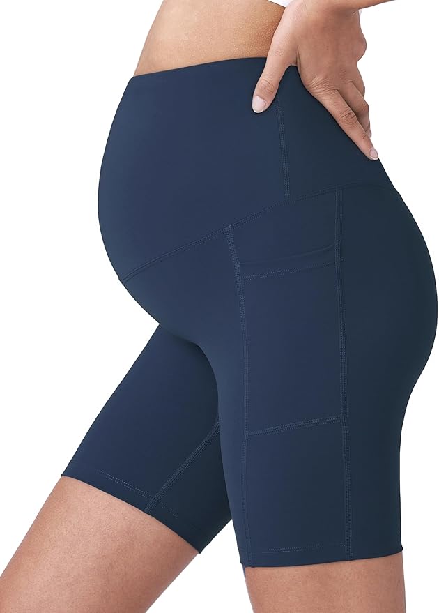 POSHDIVAH Women's Maternity Yoga Shorts Over The Belly Bump Summer Workout Running Active Short Pants with Pockets 5"/8"