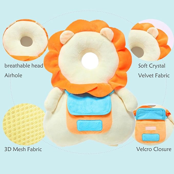Baby Head Protector, Adjustable Baby Head Protection Backpack with Baby Knee Pads for Walking & Crawling, Soft, Breathable and Wearing Safety Baby Head Protector - Lion