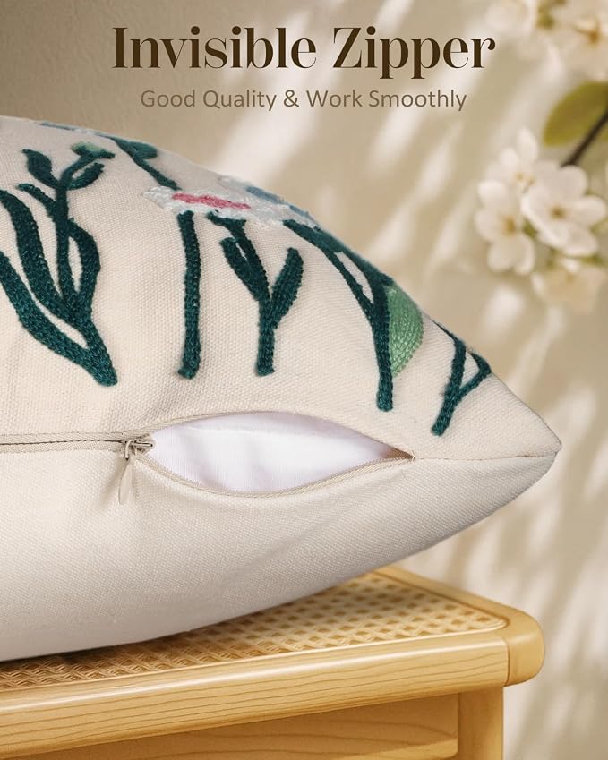 Embroidered Throw Pillow Cover 18x18 Inch, Flower Bird | Decorative Pillow Cover, Floral Cottagecore Cushion Case with Hidden Zipper, Farmhouse Decor for Couch, Sofa, Living Room