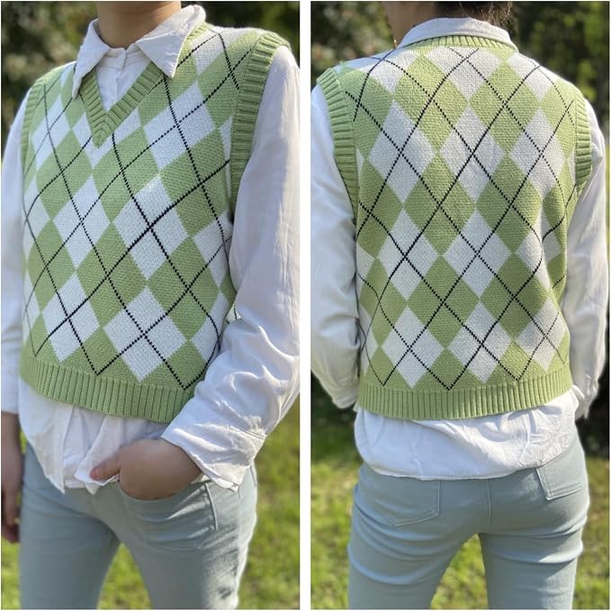 Women's Sweater Vest,Y2K Sleeveless Pattern Preppy Style Knitted Crop Tank Top for Girl