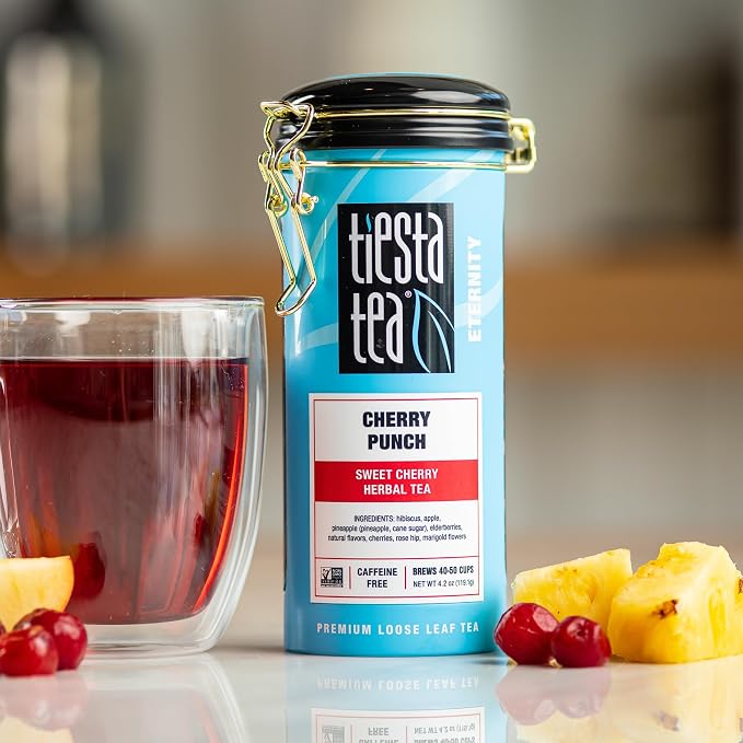 Tiesta Tea - Cherry Punch, Loose Leaf, Sweet Cherry Herbal Drink, Premium Blend, Non-Caffeinated Fruit Tea, Makes Hot or Iced & Up to 50 Cups, 4oz Refillable Tin