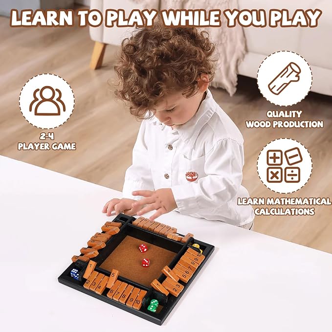 Shut The Box Dice Game, 1-4 Players Wooden Family Board Math Game with 12 Dice ，Pub Strategy Dice Game for Adults Classic Tabletop Educational Game for Family, Classroom, Home