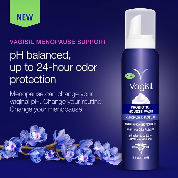 Vagisil Menopause Support Probiotic Mousse Wash, pH Balanced for Mature Microbiome, 24 Hour Freshness, Light Botanical Scent, Gentle Formula For Mature Skin, Sulfate-Free, 6 oz,(Pack of 2)