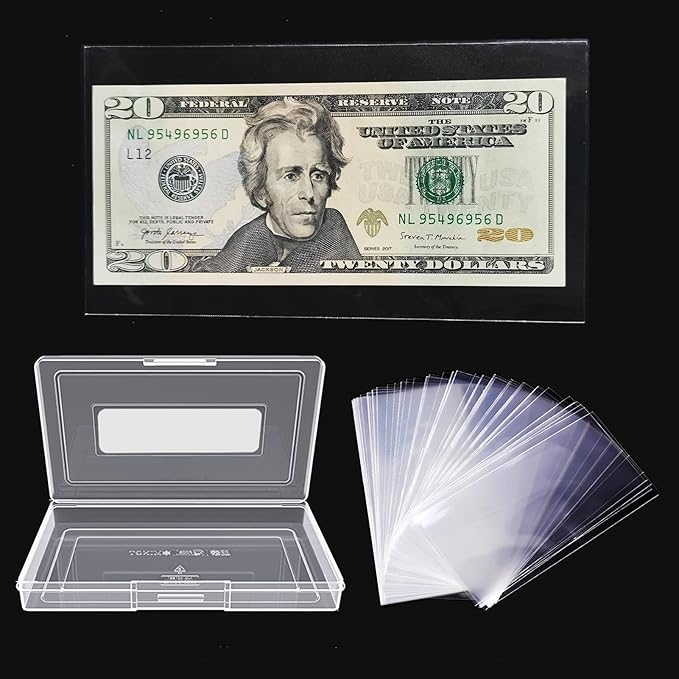 MUDOR 200 Pieces Dollar Bill Holder with Storage Case, PP Material Clear Paper Money Currency Collection Sleeves Protector Bag, Banknotes Protector Slab Holder