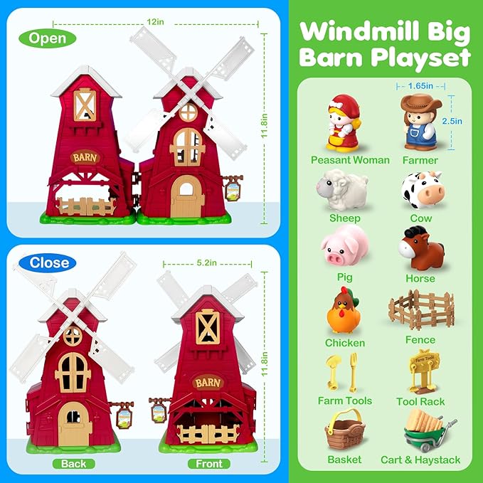 Farm Animals Barn Toys for 1 2 3 Year Old, Montessori Learning Toy for Toddlers, Farm Playset with Animal Figures and Accessories, Christmas Birthday Gift for Boys Girls Baby 12-18 Months