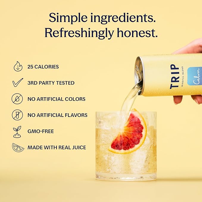 TRIP Lightly Sparkling Adaptogen Drink, Non Alcoholic Drink with Magnesium, Ashwagandha, Lions Mane & L Theanine, No Added Sugar Mocktail, Vegan, Blood Orange, 12 Oz, 12Pk