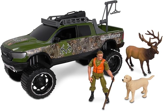 NKOK 1:18 Realtree 8 Piece Ram 1500 Rebel Elk Hunting Playset, Allows Children to Pretend Play and Use Their Imagination, Hunting Playset, for Ages 3 and up