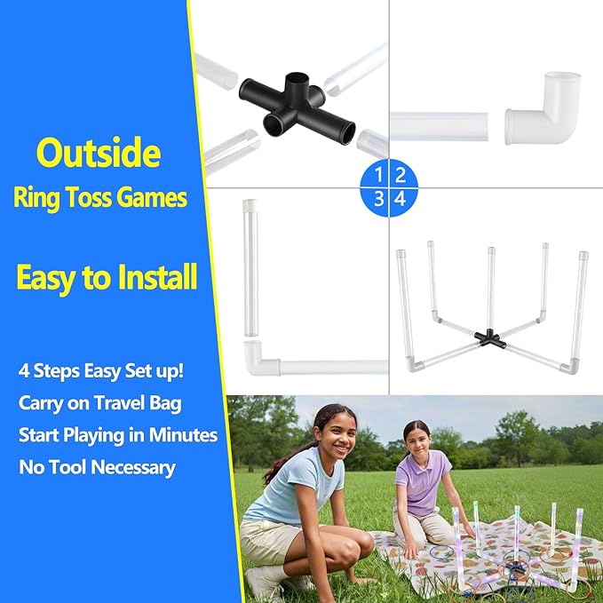 Ring Toss Outdoor Games with 16 Rings, Backyard Games Lawn Games for Adults & Kids, Backyard Camping Activities, Outdoor Games for Kids, LED Ring Toss