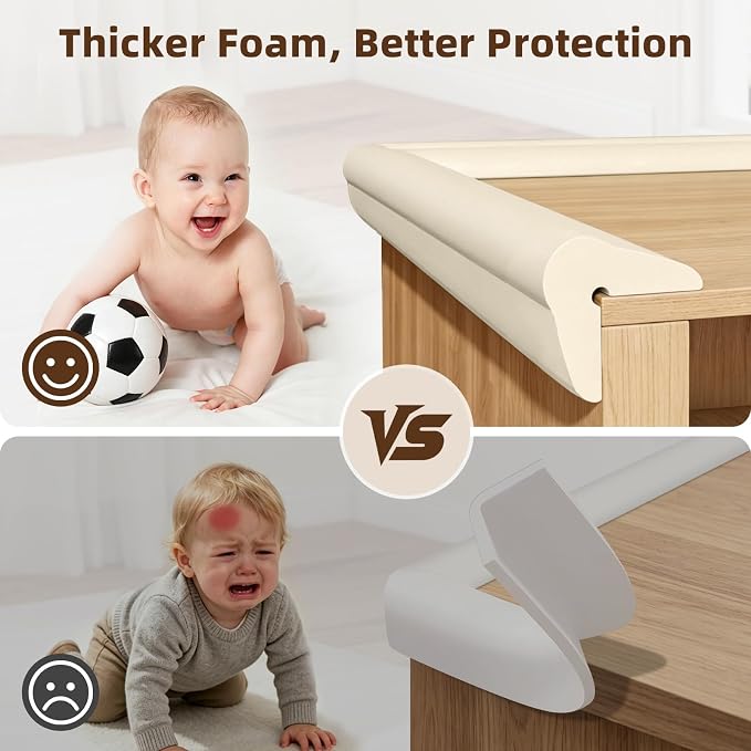 Edge Protectors, Baby Proof Corners and Edges Safety Bumpers Desk Edge Cushion, 13 ft with 8 Pcs Foam Corner Protectors for Table, Fireplace, Cabinet, Stair, Furniture, Off White