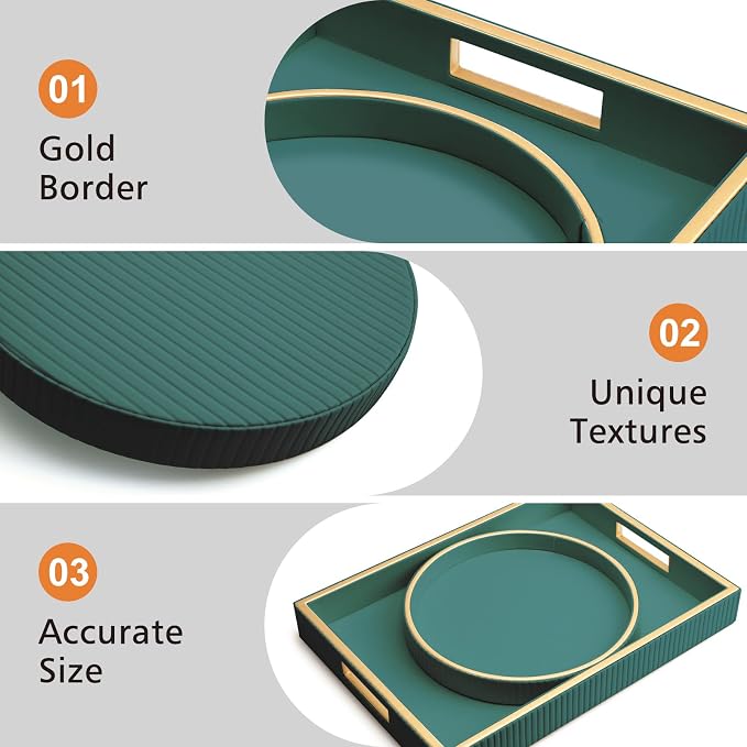 Leather Tray Desktop Storage Organizer, Decorative Tray Set, Green | Premium Serving Trays Valet Tray for Sundries Cosmetics Phone Wallet Cutlery, Set of 2, Green Holder with Disc