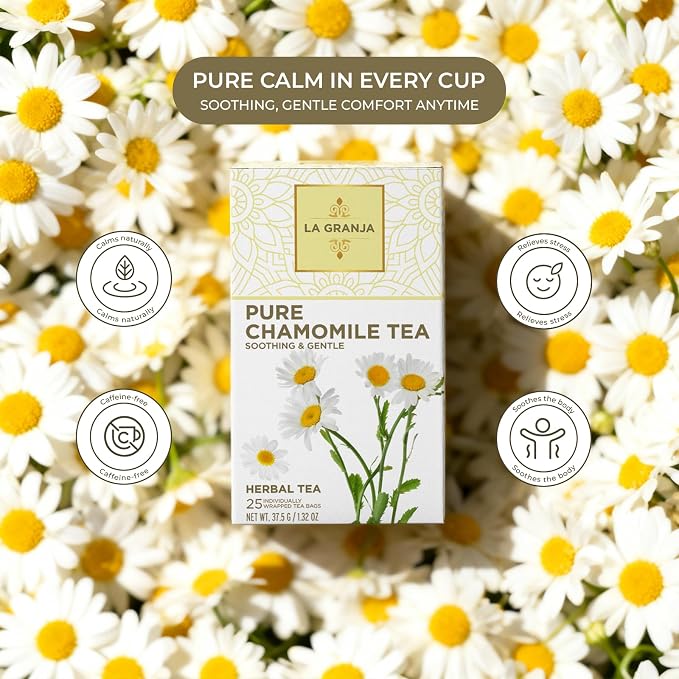 Life Plus Style Gourmet La Granja Pure Chamomile Herbal Tea 25 Individually Wrapped Tea Bags Caffeine Free Natural Bedtime Tea Herbal Infusion Gift for Women & Tea Lovers