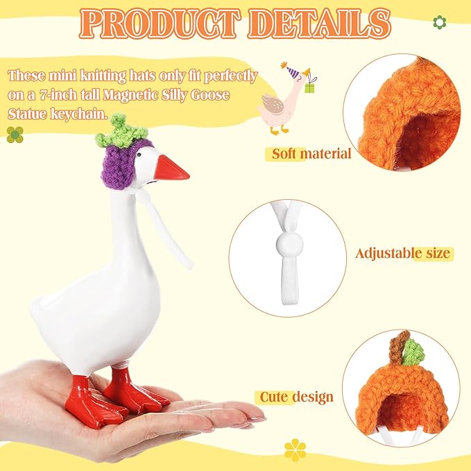 Geyoga 6 Pcs Mini Knitted Hats 7 Inch Goose Outfits Hat with Adjustable Strap Mini Porch Goose Headwear for Statue Key Holder