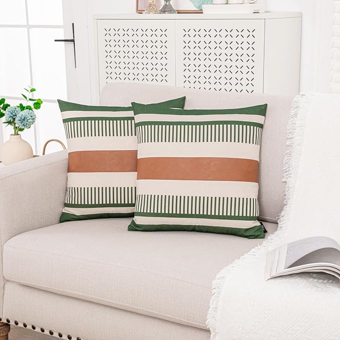 2 Pack 20x20 Pillow Covers - Brown Faux Leather & Olive Green Striped Soft Cotton, Same Pattern Both Sides | for Couch Sofa Bed, Farmhouse Industrial Decor