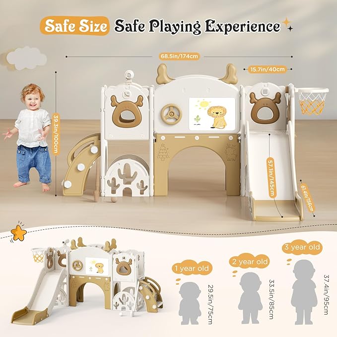 Toddler Slide, 11 in 1 Toddlers Playset New Upgrade with Kids Slide, Drawing Board, Golf Set, Basketball Hoop and Storage Space for Toddler Age 1-3, Backyard Playground Indoor and Outdoor
