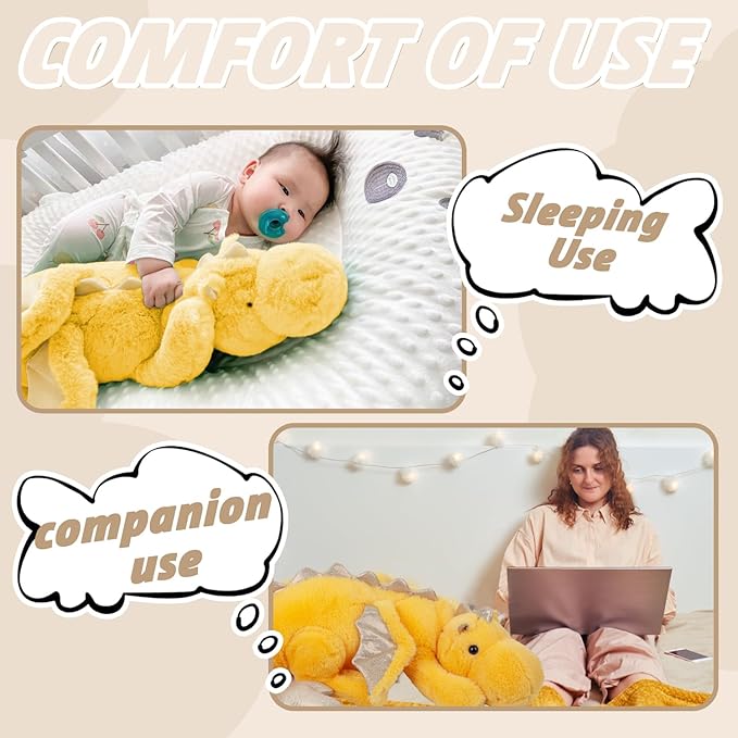 ARELUX Large 37in Cute Dragon Stuffed Animals Plush Toy Soft Yellow Pterosaur Plushie Giant Fuzzy Dinosaur Pillow Plushies with Wings Cuddly for Friends Family Member